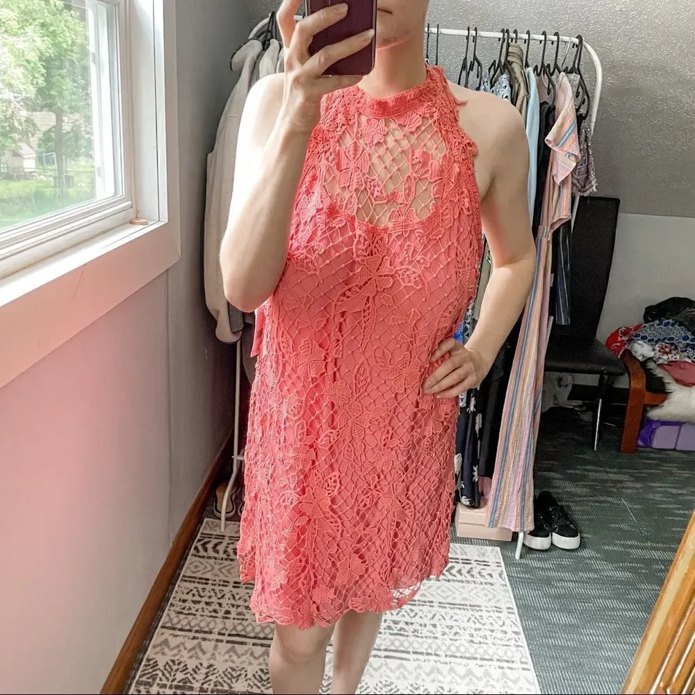 Free People Snowdrop Lace Halter Trapeze Mini Dress Coral L